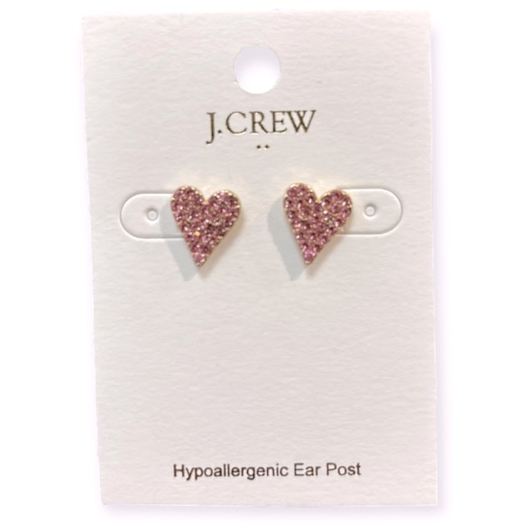 J. CREW Pink Crystal Heart Earrings Pavé Rhinestone Stud Pierced Earrings NWT - Picture 3 of 8